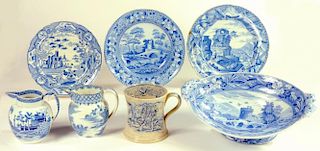 SEVEN SPODE AND OTHER ENGLISH BLUE PRINTED EARTHENWARE PLATES AND OTHER ITEMS, C1815-25 impressed