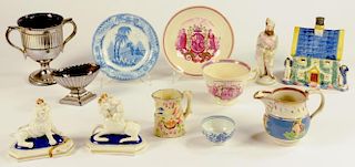 A PRATTWARE COTTAGE BANK AND A SMALL QUANTITY OF CONTEMPORARY EARLY 19TH C ENGLISH POTTERY