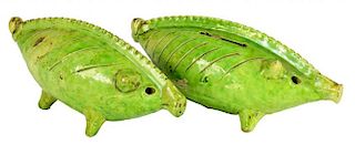 TWO ENGLISH GREEN GLAZED EARTHENWARE PIG BANKS, 19TH C 18cm l (ex J Rowson collection) ++ Both in