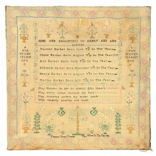 AN ENGLISH LINEN SAMPLER, DATED 1818 worked by Elizabeth Barker with verse and the names of her