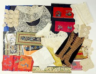 MISCELLANEOUS ANTIQUE TEXTILES AND LACE including 19th c and 20th c Chinese silk fragments and
