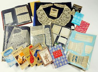 A COLLECTION OF 19TH AND EARLY 20TH C LACE, DARNING SAMPLERS AND DRESS ACCESSORIES  including a 19th