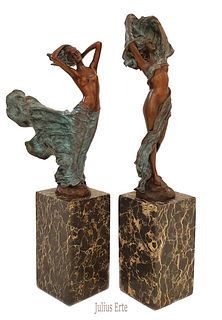Ladies Wind, A Pair of Art Deco Bronze Statues, Signed
