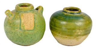 TWO CHINESE EARTHENWARE JARLETS, MING DYNASTY AND AN ANNAMESE, BOTH 14/15TH C  in green or bluish