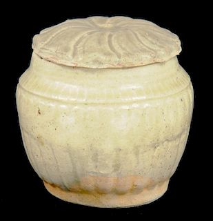 A CHINESE QINGBAI GLOBULAR BOX AND A MOULDED COVER, SONG/YUAN DYNASTY  7.5cm h (ex Terry West) ++ In