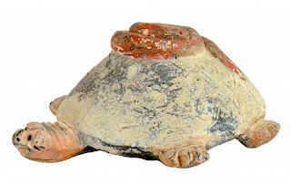 A CHINESE EARTHENWARE MODEL OF A TURTLE AND SERPENT, YUAN DYNASTY of burnt charcoal grey covered