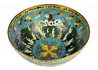 A CHINESE CLOISONNÉ ENAMEL BOWL, IN MING STYLE, 20TH C  the exterior with lotus meander, the