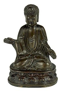 A CHINESE BRONZE SCULPTURE OF BUDDHA, MING DYNASTY, WANLI         with two pierced flanges at the