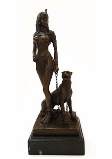 Egyptian Lady & Panther Bronze Figurine Group, Signed