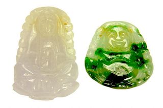 A CHINESE LAVENDER JADE PENDANT AND A JADEITE PENDANT, POSSIBLY EARLY 20TH C  carved with Guanyin or