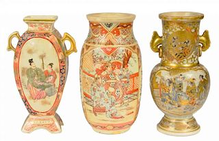 TWO JAPANESE SATSUMA WARE EARTHENWARE VASES AND ANOTHER, MEIJI  one with gilt inscription to