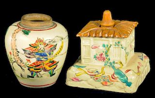 A JAPANESE SATSUMA WARE JAR AND MODEL OF A HOUSE WITH WOOD REPLACEMENT ROOF-COVER, MEIJI  8.5 and