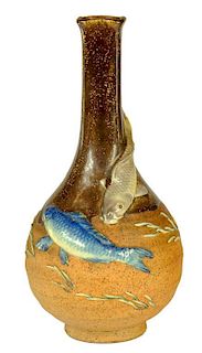 A JAPANESE SUMIDA WARE BOTTLE VAZE, MEIJI  applied with two carp, 30cm h, impressed mark ++ Tail