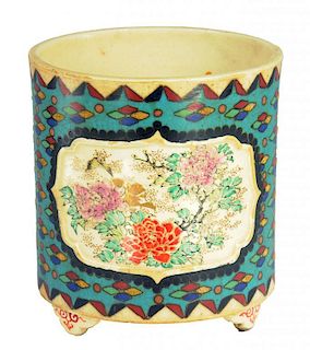A JAPANESE CLOISONNÉ ENAMEL EARTHENWARE BRUSH POT, TOTAI, MEIJI  painted to either side with a