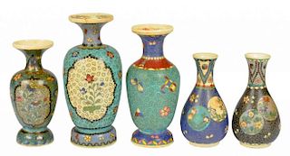 FIVE JAPANESE CLOISONNÉ ENAMEL, EARTHENWARE VASES, MEIJ 12-17.5cm h ++ Rim of largest vase restored,