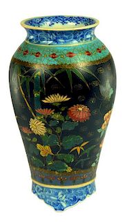 A JAPANESE CLOISONNÉ ENAMEL ON PORCELAIN THREE FOOTED VASE, MEIJI  19cm h, painted mark ++ In