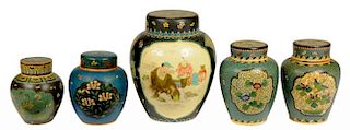 A PAIR OF JAPANESE CLOISONNÉ ENAMEL JARS, COVERS AND INNER COVERS, TWO OTHERS AND A LARGER