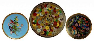 THREE JAPANESE CLOISONNÉ ENAMEL DISHES, MEIJI  15-21cm h ++ Largest with area of loss of counter
