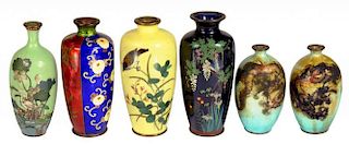 FOUR AND A PAIR OF JAPANESE CLOISONNÉ ENAMEL VASES, MEIJI  including a yellow ground example with
