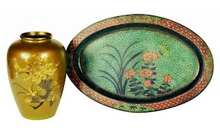 A JAPANESE CLOISONNÉ ENAMEL OVAL DISH, MEIJI AND A JAPANESE CARVED AND INLAID GILT BRASS VASE, EARLY