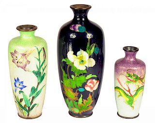 THREE JAPANESE CLOISONNÉ ENAMEL AND EMBOSSED FOIL (GIN-BARI) VASES, MEIJI  11-18cm h ++ Largest vase