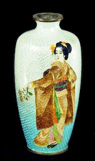 A JAPANESE CLOISONNÉ ENAMEL AND EMBOSSED FOIL (GIN-BARI) VASE, MEIJI  decorated with a bejin holding
