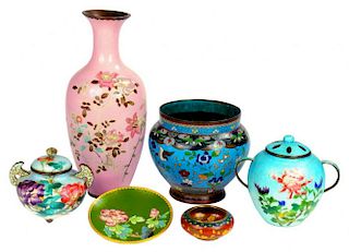 A GROUP OF JAPANESE CLOISONNÉ ENAMEL WARE, MEIJI AND LATER  including a pink ground vase, 31cm