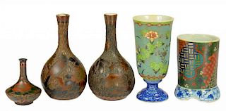 TWO JAPANESE CLOISONNÉ ENAMEL ON PORCELAIN VASES AND ONE AND A PAIR OF JAPANESE LACQUERED