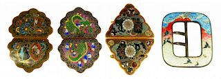 THREE JAPANESE CLOISONNÉ ENAMEL WAIST CLASPS AND A BUCKLE, ALL MEIJI ++ As a lot in fine condition