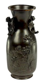 A JAPANESE BRONZE CLUB SHAPED VASE WITH LOTUS DECORATION, MEIJI  18cm h, stamped signature ++ In