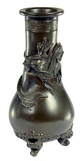 A JAPANESE BRONZE THREE FOOTED BALUSTER DRAGON VASE, MEIJI  16.5cm h, engraved signtaure ++ In