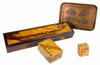 A JAPANESE BRASS RIMMED COPPER TRAY WITH STAMPED DECORATION, A MARQUETRY BOX AND TWO SMALLER