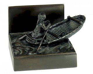 A JAPANESE BRONZE MODEL OF A FISHERMAN IN A CORACLE, MEIJI  7cm h, engraved with the character Go
