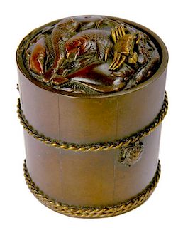A JAPANESE BRONZE INK POT AND COVER IN THE FORM OF A FISH BUCKET, MEIJI  5cm h ++ Play in hinge on