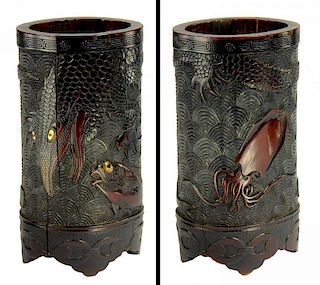 A CHINESE CARVED BAMBOO BRUSH POT, C1900, 14.5cm h, red mark ++ Some natural vertical shrinkage