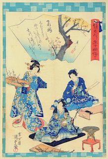 KUNISADA II (1823-1880) AND HIROSHIGE II (1829-1869) - GENJI MONOGATARI  woodblock c1860, 37 x 25.