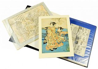 A SMALL COLLECTION OF MAINLY 19TH C JAPANESE WOODBLOCK PRINTS, ETC in modern binder