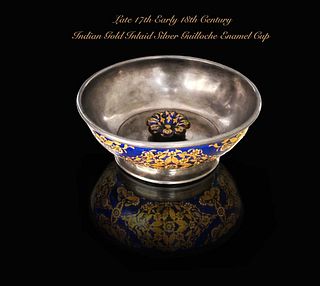 Indian Mughal Gold Inlaid Silver Guilloche Enamel Cup