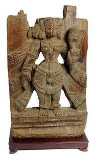 AN INDIAN CARVED WOOD PANEL OF A CHAURI BEARER, RAJASTHAN 18TH CENTURY  42cm h