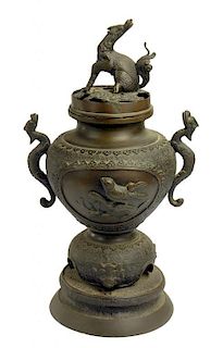 A JAPANESE BRONZE KORO AND COVER, MEIJI  the koro with panels of birds to either side, 35cm h