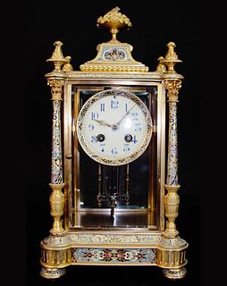 Very Fine French Champleve Gilt Bronze & Enamel Clock