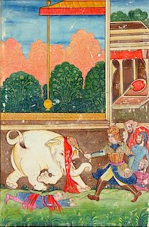 KASHMIR SCHOOL, 19TH CENTURY - SCENE FROM AN EPIC WITH THE SLAYING OF A ELEPHANT  miniature