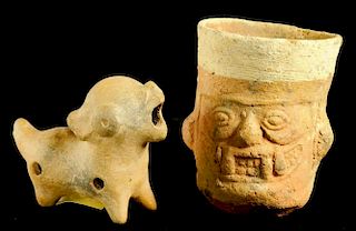 A PERUVIAN TERRACOTTA CUP, TIAHUANACO-HUARI, 11TH-12TH CENTURY  modelled as the head of a spirit,