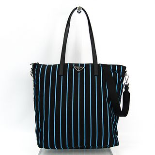 Prada 1BG189 Women's Tessuto Stampato,Leather Tote Bag Blue,Black BF328368