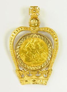 GOLD COIN.  SOVEREIGN 1911 MOUNTED IN 9CT GOLD CROWN SHAPED PENDANT, 11.3G