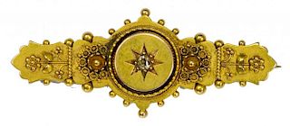 A VICTORIAN 15CT GOLD BAR BROOCH GYPSY SET WITH A DIAMOND, CHESTER 1895, 3.4G