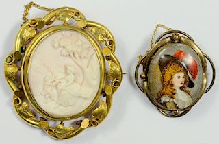A VICTORIAN CAMEO BROOCH, THE OVAL SHELL CARVED WITH A LADY AND CHILD IN PINCH BACK MOUNT AND