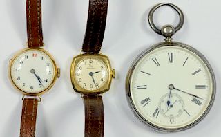 A SILVER LEVER WATCH, LONDON 1892 AND TWO 9CT GOLD LADY'S WRISTWATCHES