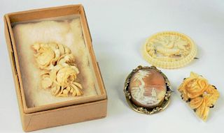 A 19TH CENTURY CAMEO BROOCH AND THREE CARVED IVORY BROOCHES, LATE 19TH CENTURY