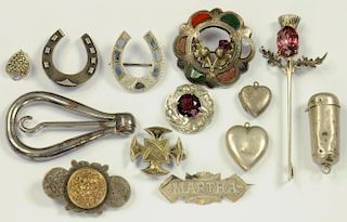 MISCELLANEOUS VICTORIAN AND EARLY 20TH CENTURY SILVER BROOCHES, A STEEL BOW BUTTON HOOK, ETC